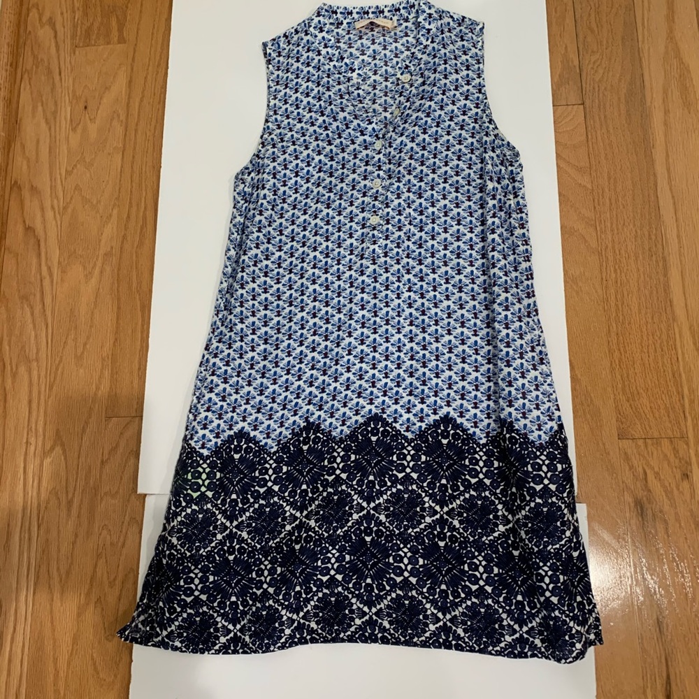 TORY BURCH LINENLIN SLEEVELESS BLUE AND WHITE DRESS SZ XS